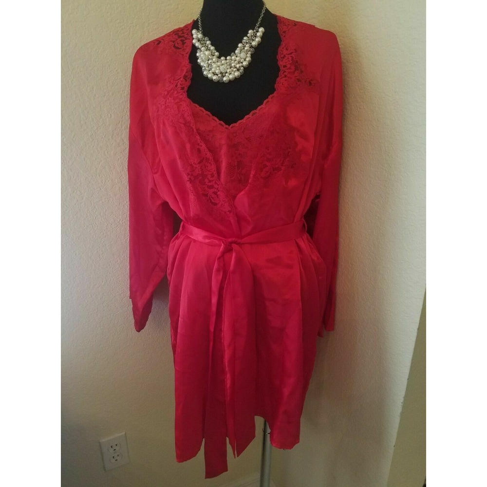 Vintage Victoria Secret Red Satin Lace 3 Piece SET Nightgown Robe S